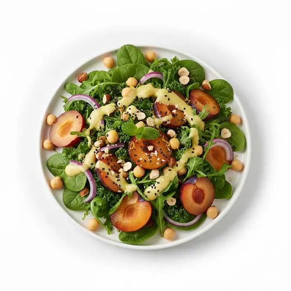 Harvest Plum & Chickpea Salad with Garden Leaves & Zesty Lemon Infusion